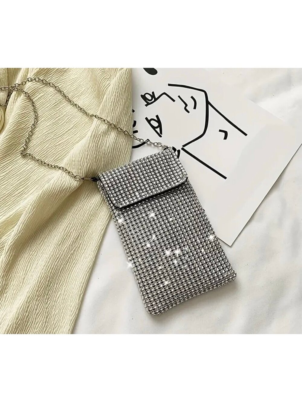 New - Super Cute & Stylish Rhinestone Embellished Crossbody/Phone Bag  - Silver - Picture 4 of 8